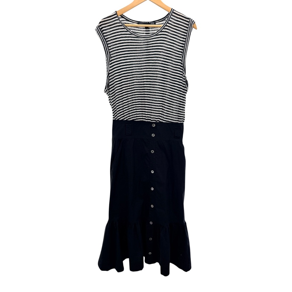 Veronica Beard Capri Mixed Media Midi Dress M Black Striped Linen Cotton No Belt